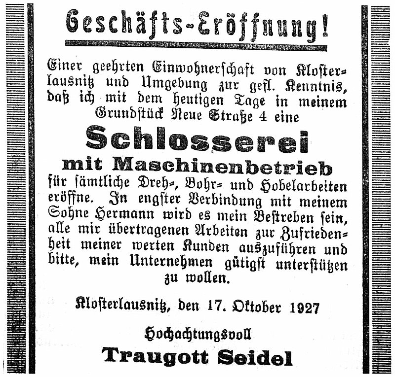 1927-10-17 Kl Schlosserei Seidel Eroeffnung